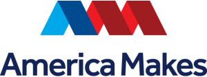 logo for America Makes with white background. blue text, and blue and red shape