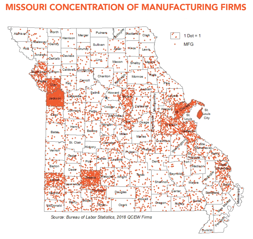 A map of manufacturers with the densest areas in St. Louis, Kansas City, and Springfield with a less dense spread of small dots all around missouri.